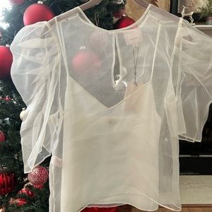 Cinq a’ Sept  Erin Silk Organza Ruched Sleeve Top Color: White Size: L with tags